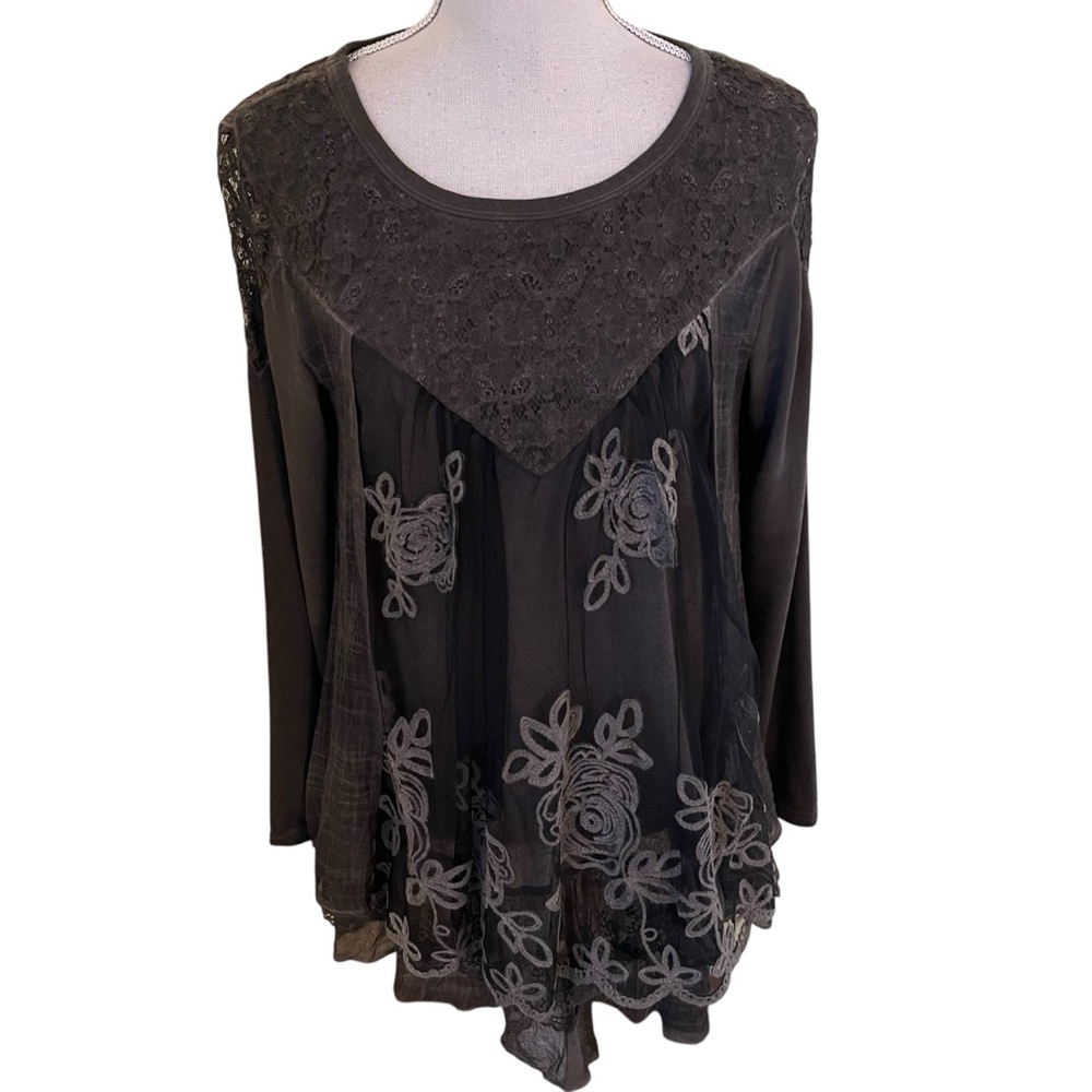 Feratelli Brown/Black Embroidered Knit/Mesh Scoop Neck Blouse M
